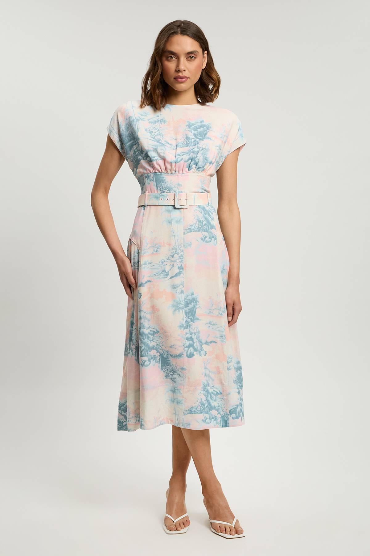 KarenMillen Robe Midi Ceinturée À Imprimé Paysage Et Surpiqûres Contrastées