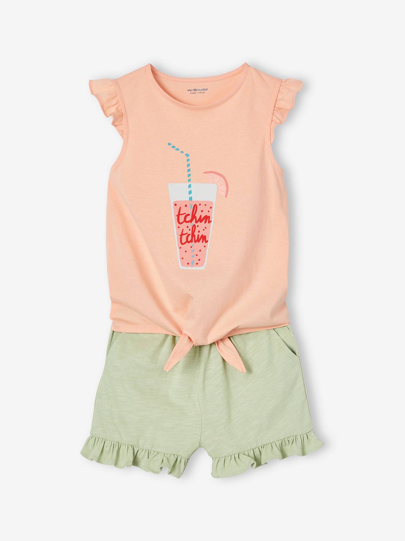 Conjunto com camiseta com detalhe de amarração e babados e shorts coral.