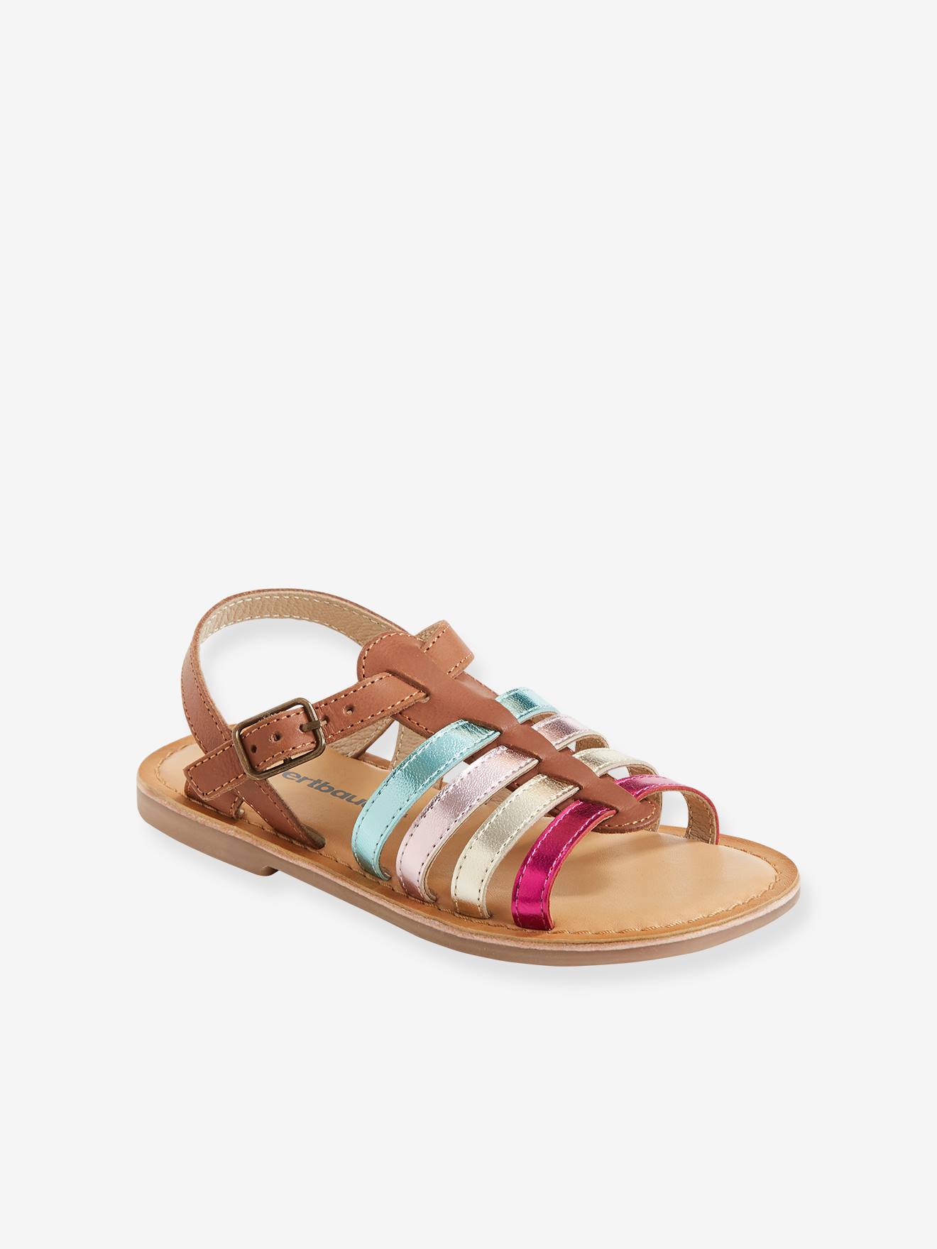 Sandálias de várias tiras para meninas, lisas, amarelo escuro com estampa.