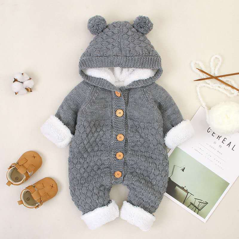 Baby Baumwoll Strampler Gefüttert Strick Overall Strampelanzug mit Knöpfen (4-6 Monate) - Grau