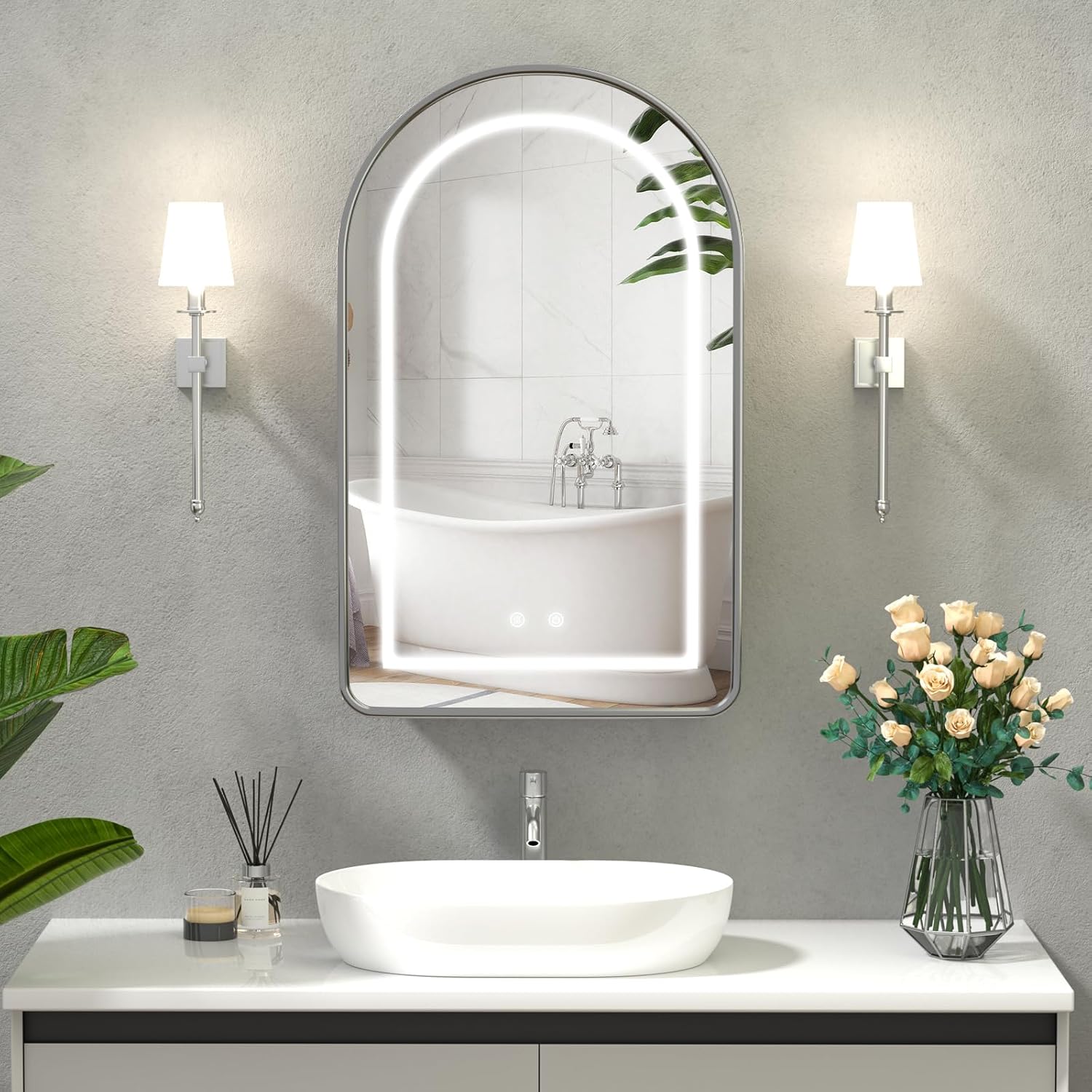 Arched Medicine Cabinet with Lights, Arch LED Cabinet with Mirror,Metal Framed Mirror Cabinet for Bathroom, Lighted Arched Medicine Cabinet Defogger, Oil Rubbed Nickel,20''x31''