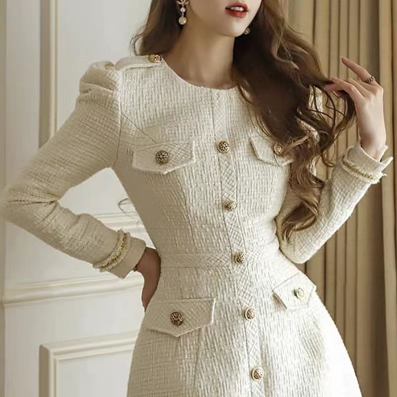 Alberlino - Lange mouwen ronde hals effen tweed mini A-lijn jurk met knopen