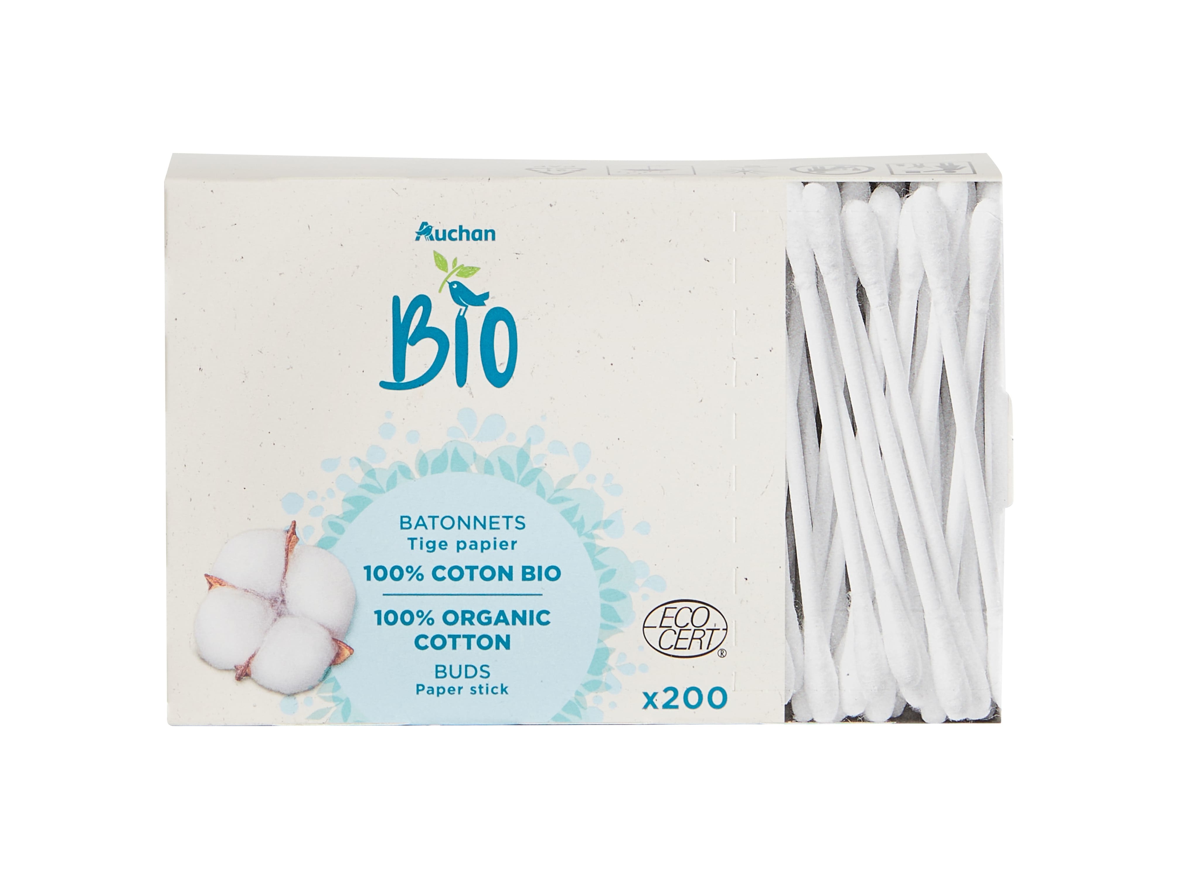 COTONETES AUCHAN BIO ALGODÃO COM CABO PAPEL 200UN