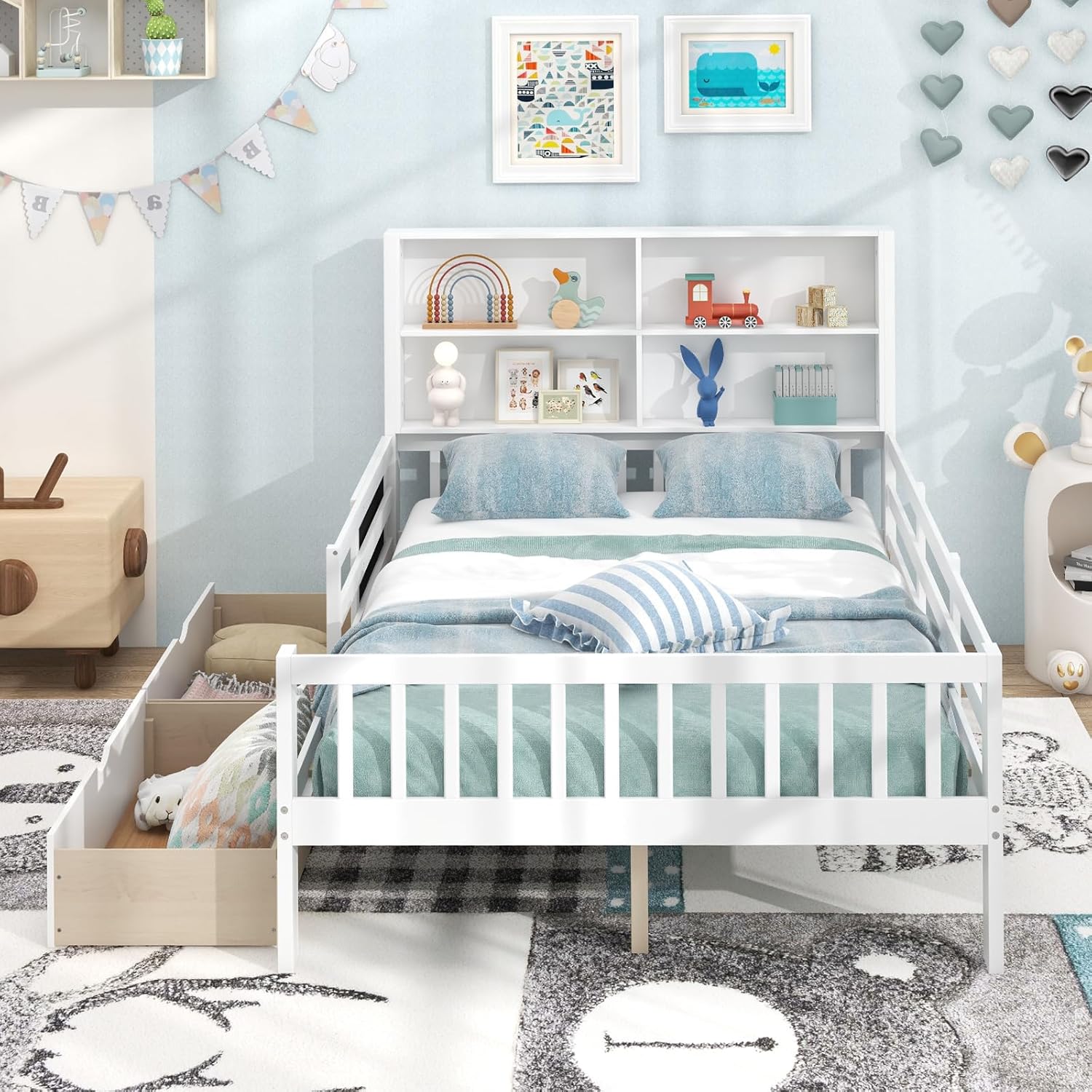 COSTWAY 140 x 200 cm Kinderbett mit Rausfallschutz & Zeichenbrett, Jugendbett mit 2 Schubladen, Bücherregal & Lattenrost, Holzbett weiß, Doppelbett für Jungen und Mädchen