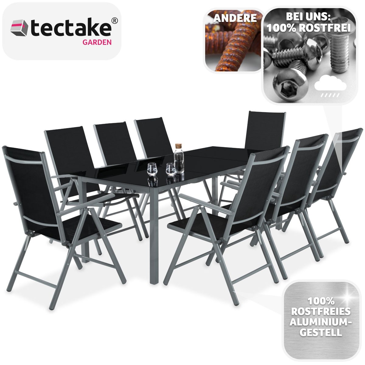 tectake Pompeii zitgroep met aluminium frame, voor 8 personen, tafel met veiligheidsglasplaat en stelschroeven