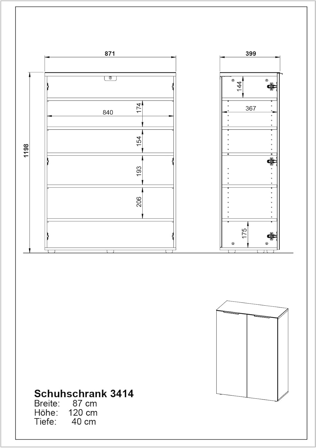 Germania Schuhschrank 3414-84 GW-Genova, in Weiß, mit Glasfront, 87 x 120 x 40 cm (BxHxT)