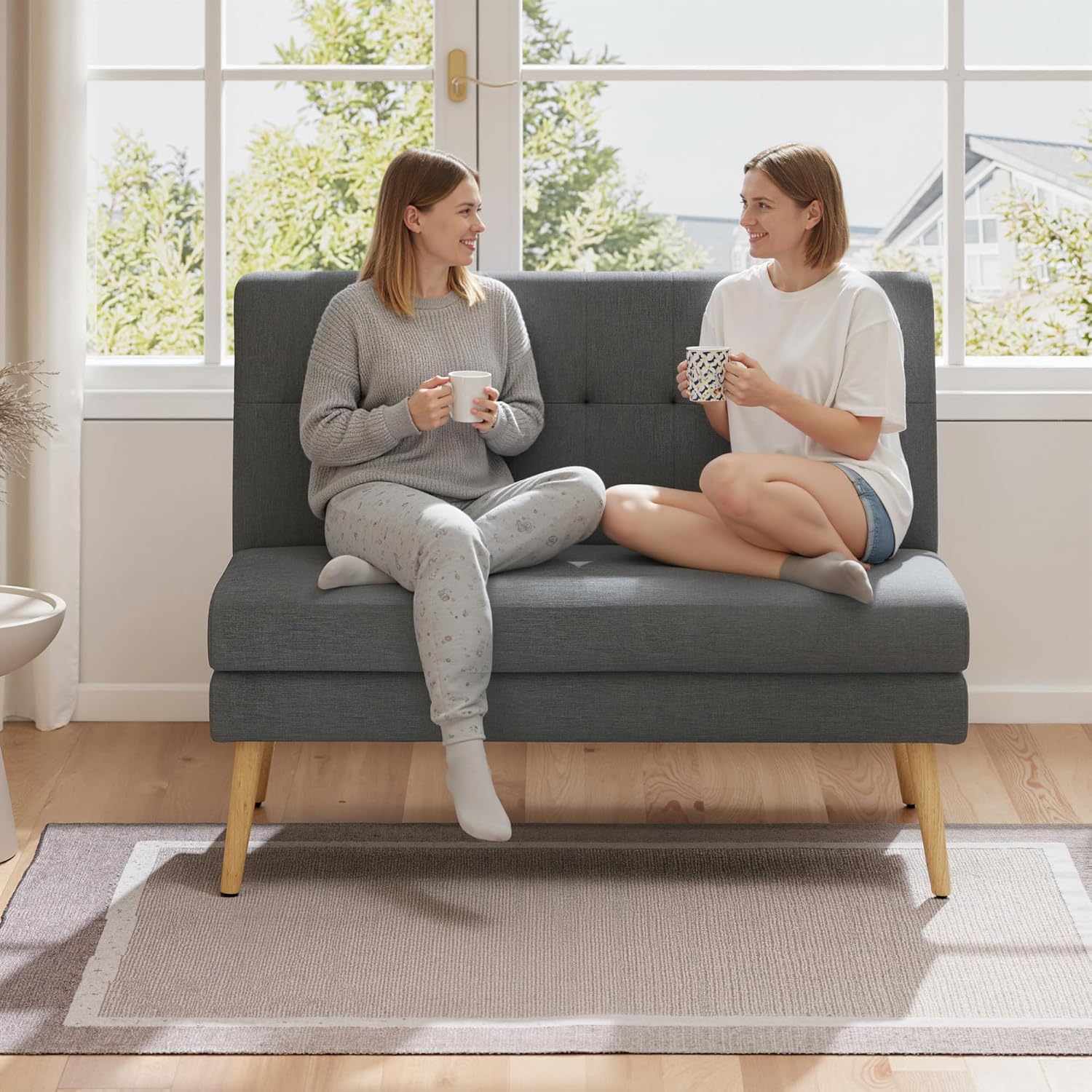HOMCOM Sofa 2 Sitzer Couch mit Leinenoptik, Getuftete Rückenlehne Kleine Polstersofa Modern 118 cm Gepolstert Doppelsofa mit Holzbeine für Wohnzimmer, Kleine Räume, Dunkelgrau