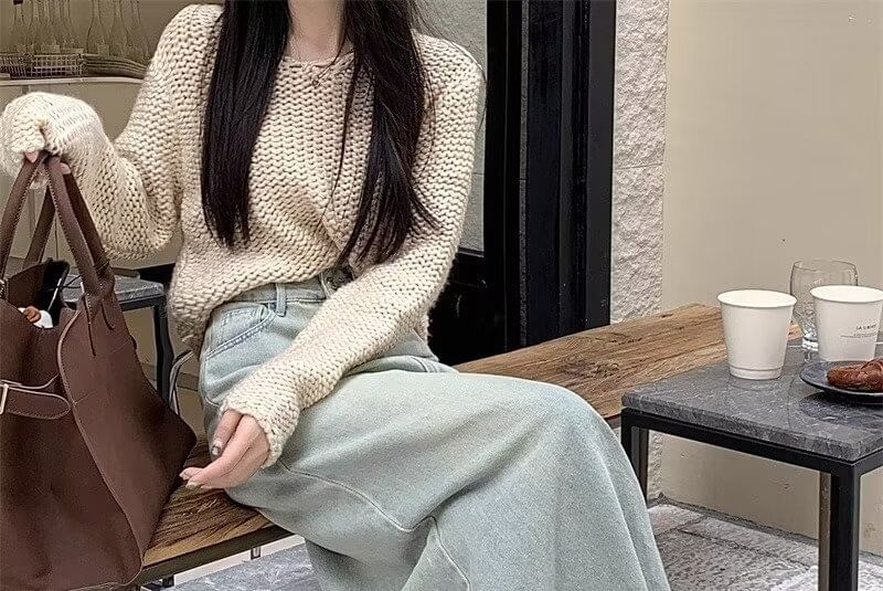 KONGER - Hoge taille gewassen gerafelde maxi A-lijn denim rok