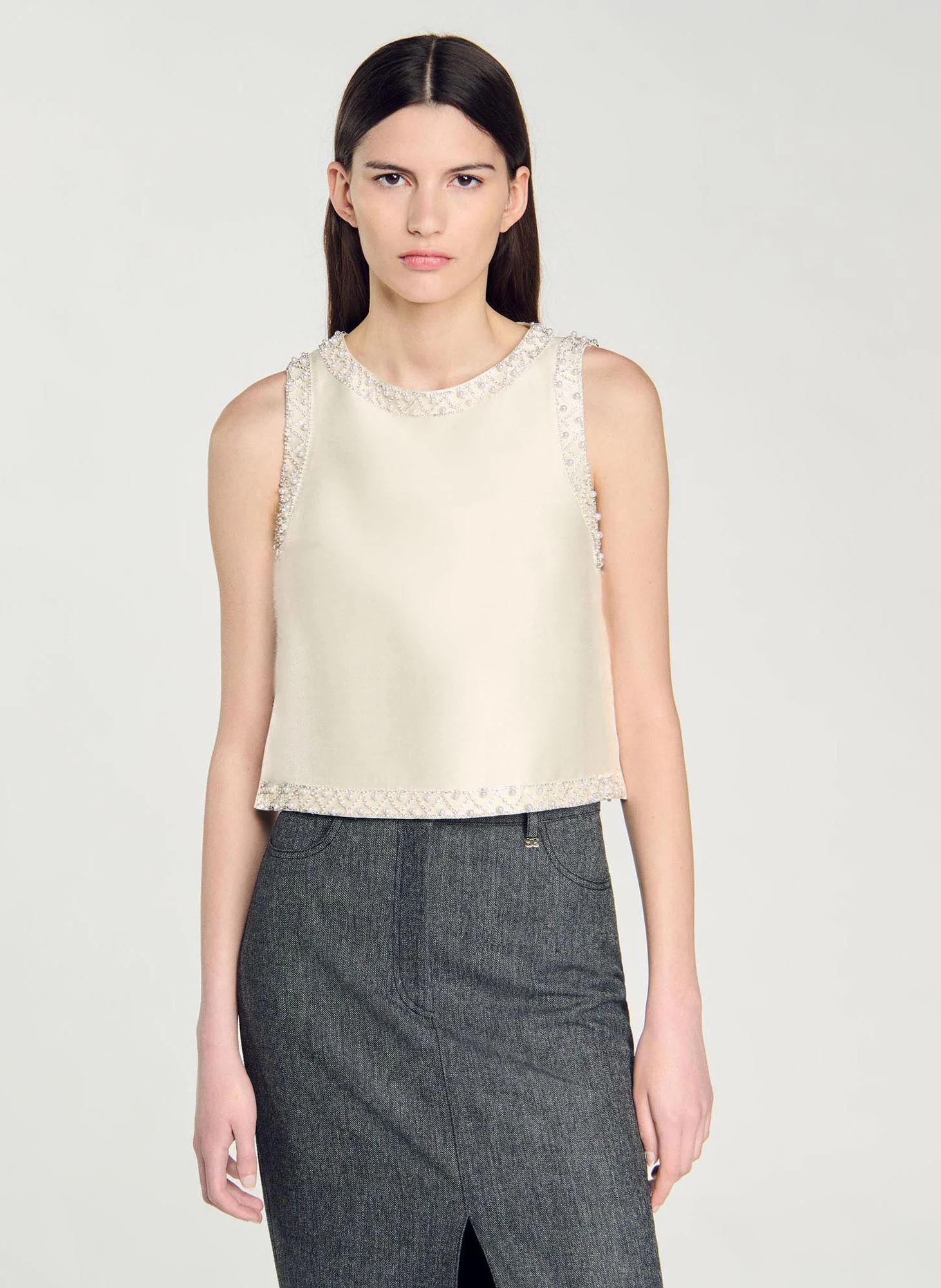 Top satiné à strass | Blanc