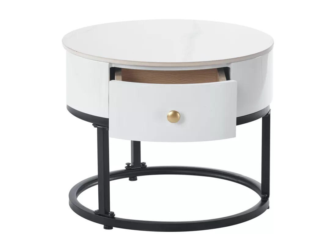 Lot de 2 Tables Basse Gigognes avec Tiroir - Plateaux Verre et Motif Marbre - Table d'Appoint - Blanc