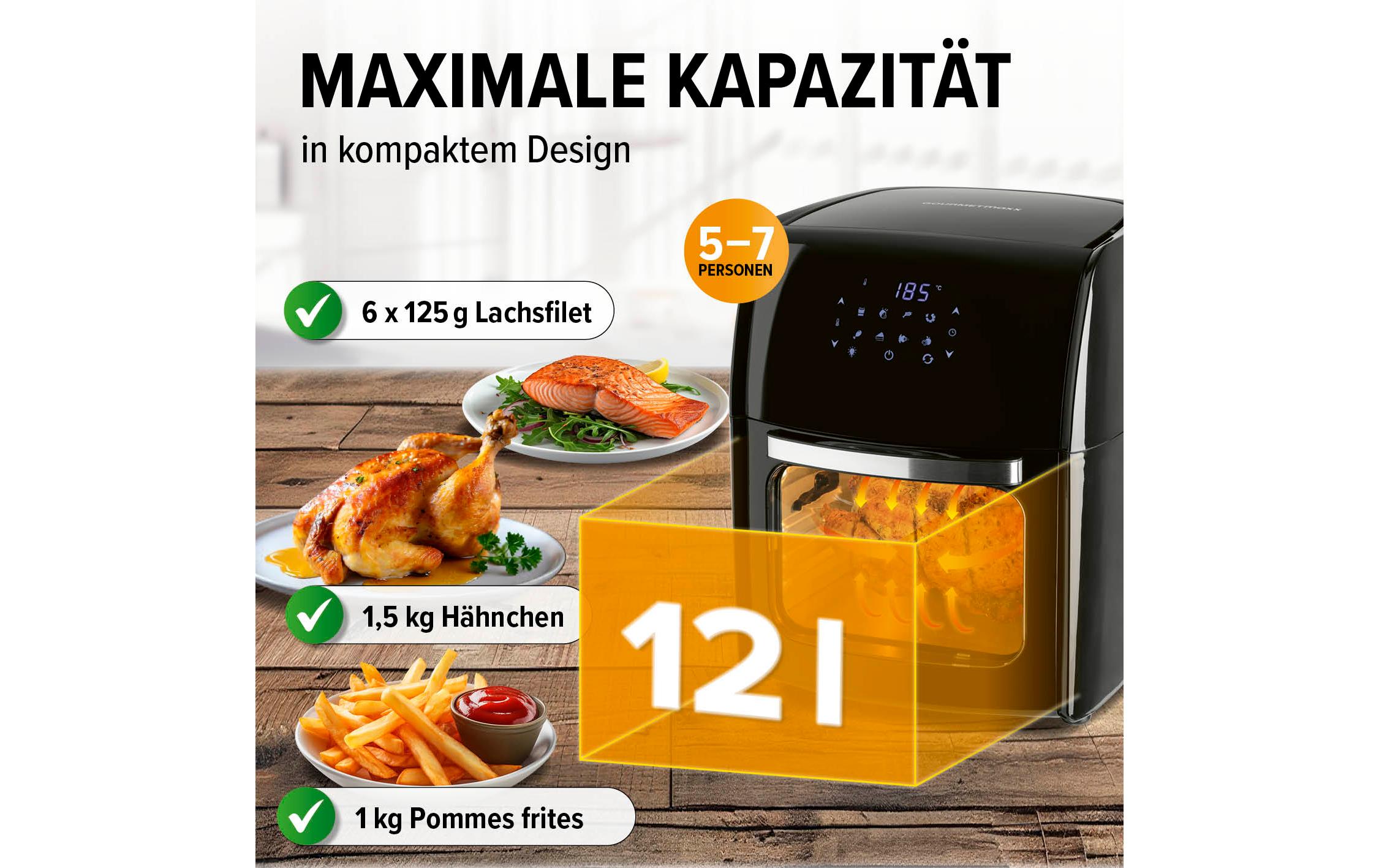 Heissluft-Fritteuse Digital 9in1 SchwarzBackofen, Grill und Fritteuse in einem Gerät