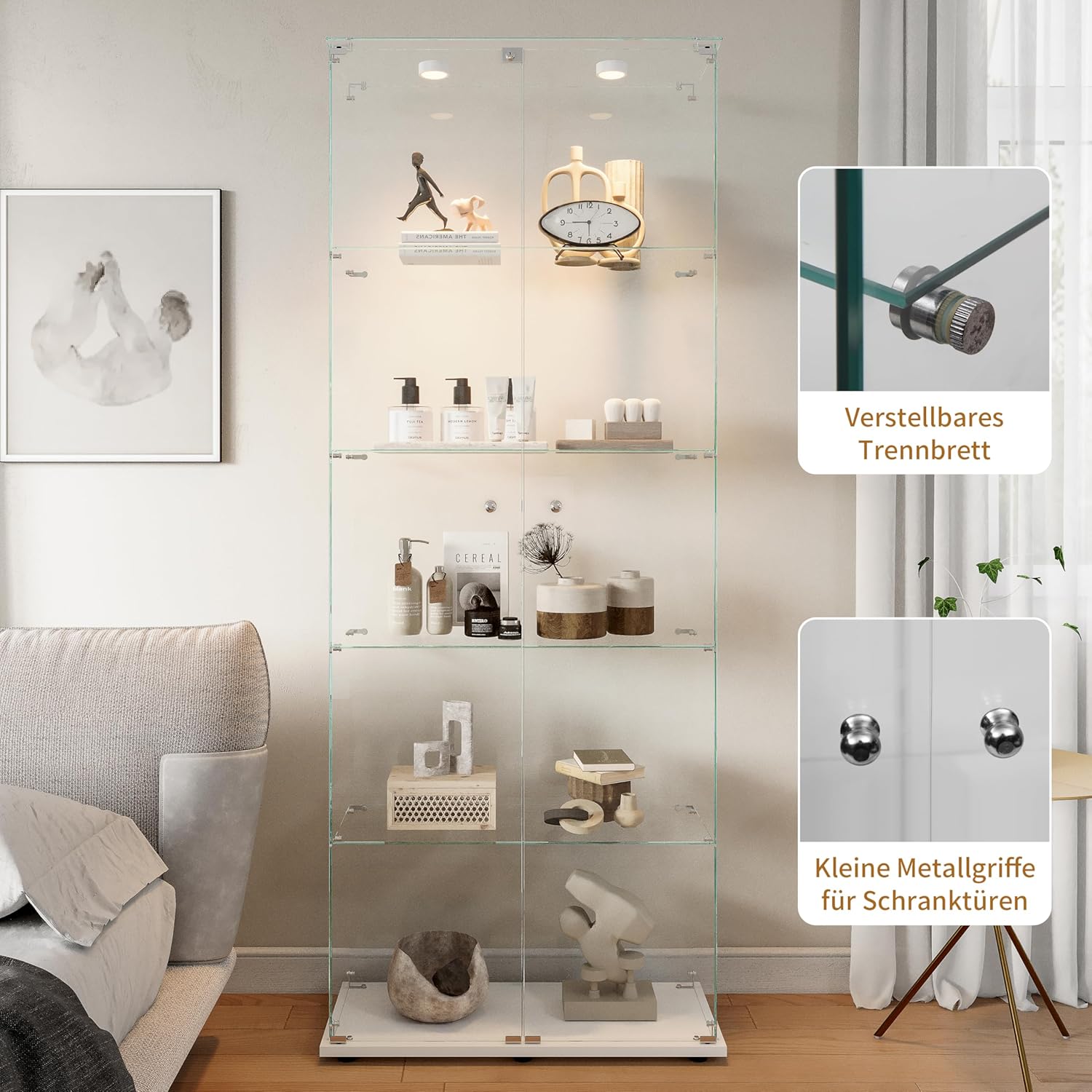 Glasvitrine Standvitrine,Glasvitrine Stehend mit Led,5 Lagen Glas Holz Glas Vitrine Vitrinenschrank 2 TüR und Schloss Vitrine Glasschrank Display Cabinet Sammlervitrine (Weiß, 5 Etagen 2 Tür+LED-1)