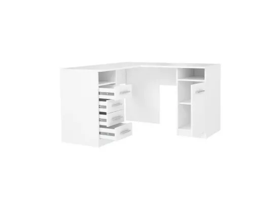TOLEDE Bureau d'angle 1 porte 4 tiroirs - Décor papier blanc - L 125 x P 125 x H 75 cm