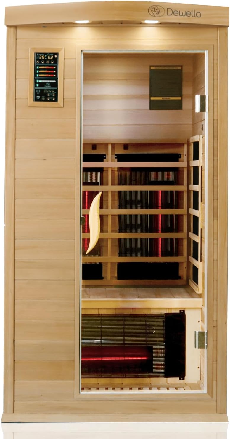 Dewello® Infrarotkabine Infrarotsauna Pierson PRO 100x100 für 1 Person aus Hemlock und Zedernholz, Duo Vollspektrumstrahler, Bodenstrahler, LED-Farblicht, Bluetooth