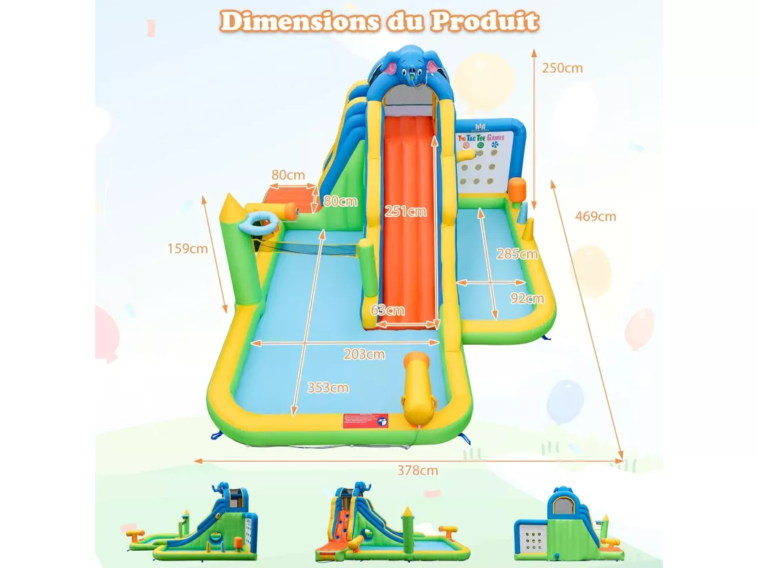 9 en 1 Château Gonflable en Forme Éléphant avec Toboggan & Mur d'escalade, Aire de Jeux Gonflable avec Piscine à Balles, Charge 90kg pour 3-4 Enfants de 3-10 Ans, 378x469x250CM