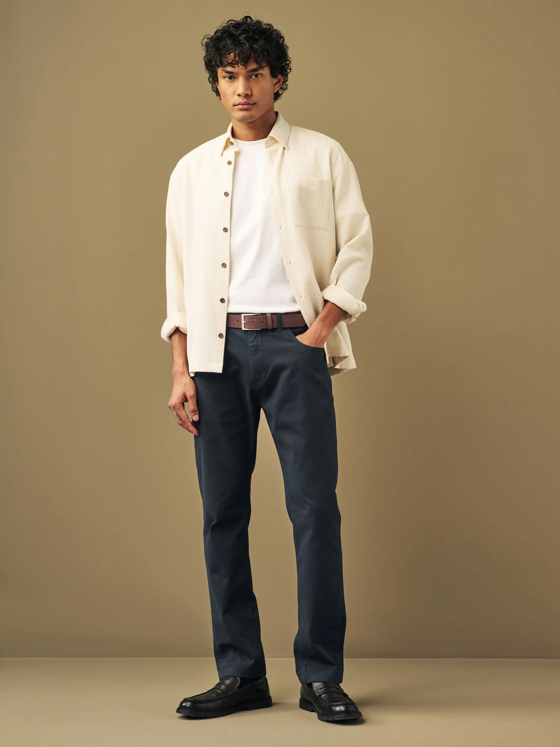 Donkerblauw - Slim fit modieuze bedrukte stretchy chino's met riem