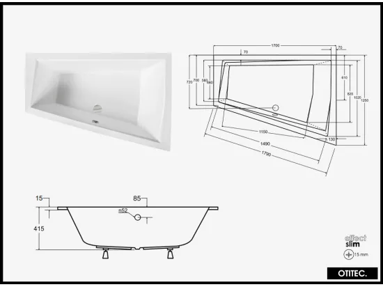 Baignoire Asymétrique à Encastrer - 170 x 125 cm - DROITE - INTIMA DUO SLIM - 2 REPOSE-TÊTES OFFERTS