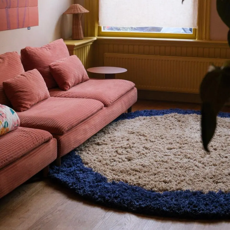 Interieur05 rond hoogpolig vloerkleed polyester Pilo beige/blauw - 160 x 160 cm