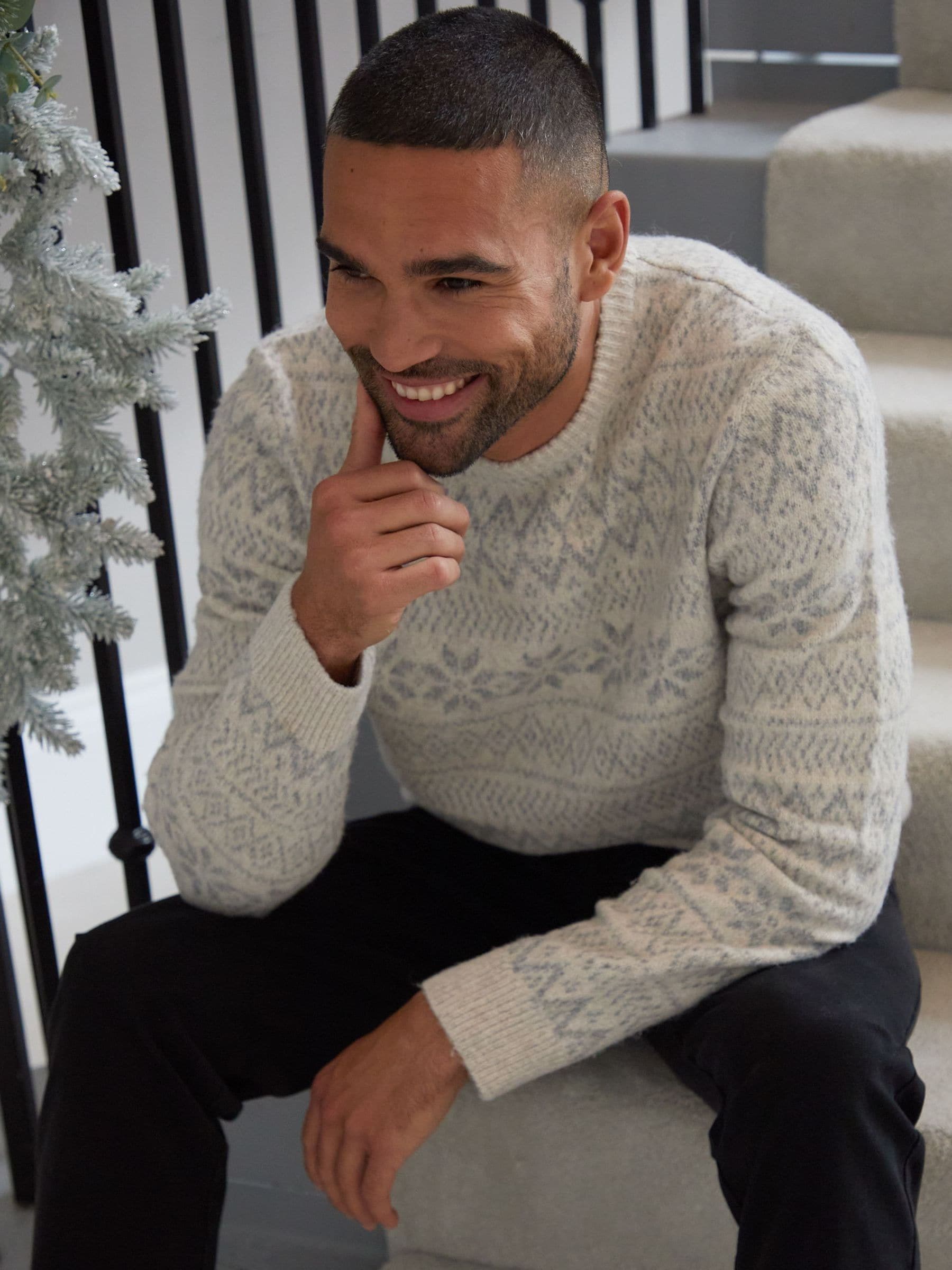 Lichtgrijs - Threadbare kersttrui met Fairisle-patroon en ronde hals