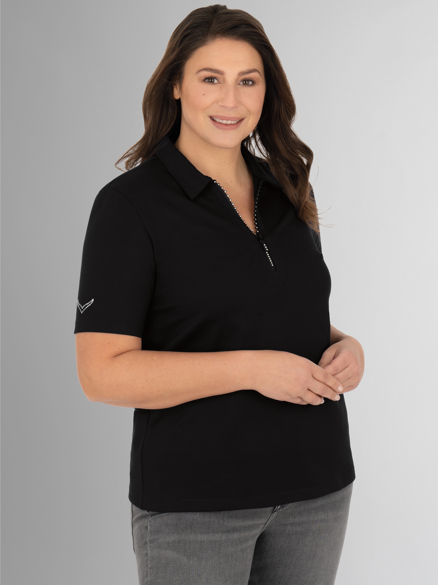 Slim Fit Poloshirt mit Kristallsteinen Schwarz