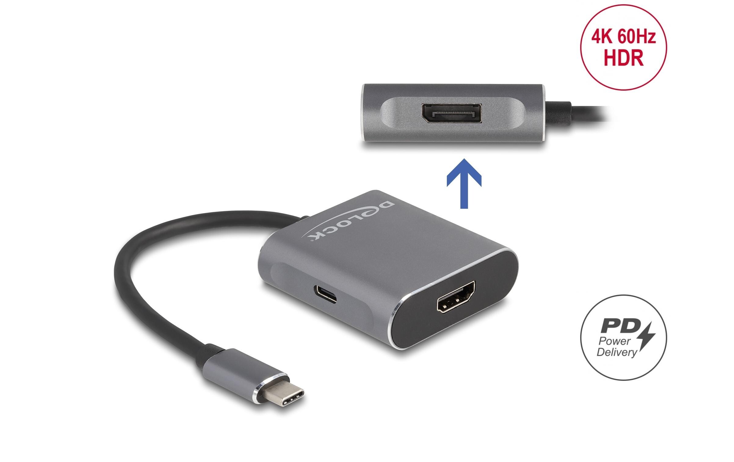 2-Port Signalsplitter USB-C – HDMI / DisplayPortDelock USB Type-C Splitter (DP Alt Mode) zu 1 x HDMI + 1 x DisplayPort MST mit USB Type-C PD