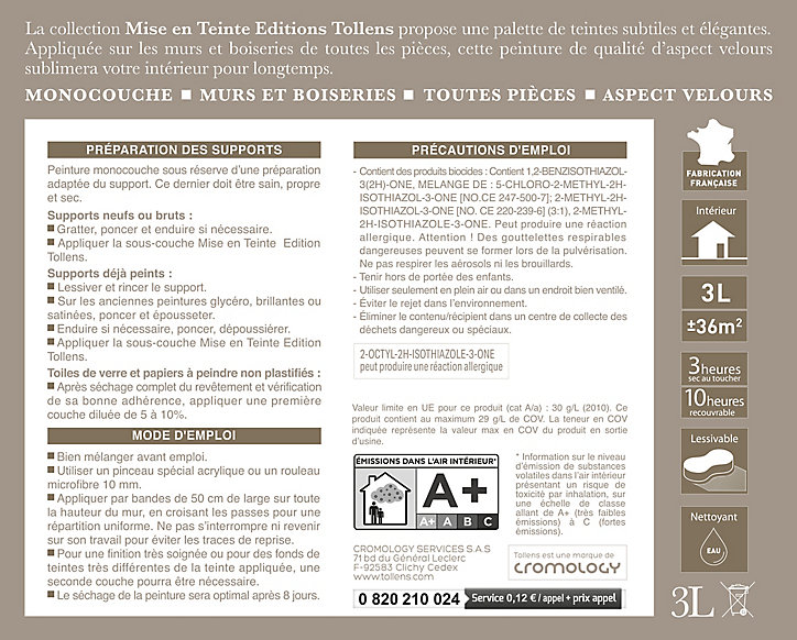 Peinture murs et boiseries Tollens Mise en teinte porcelaine mat velours 3L