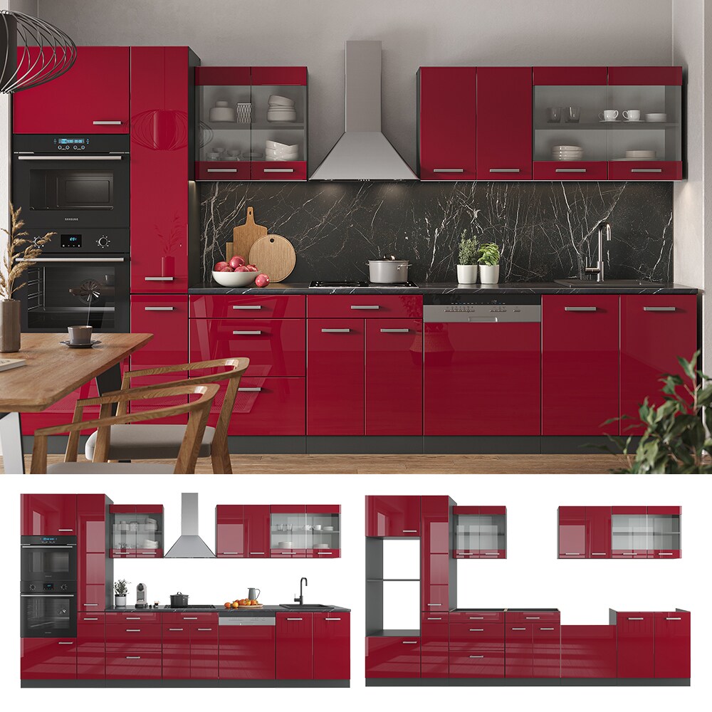 Vicco Küchenzeile Küchenblock Einbauküche R-Line 350 cm Anthrazit Bordeaux Hochglanz Küche