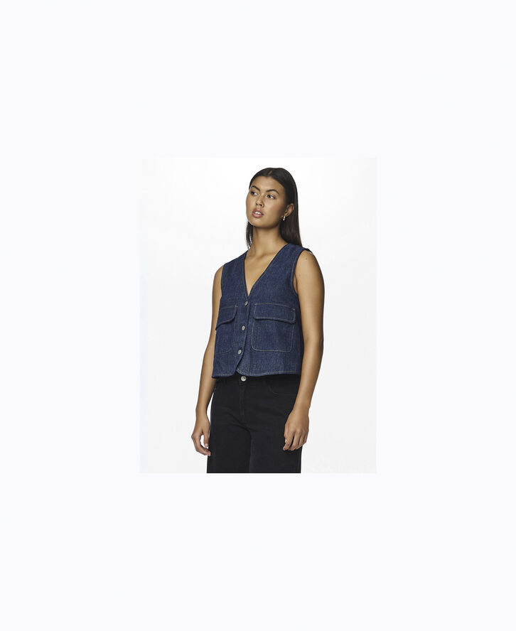 Pieces PCFABIA SL V-NECK DENIM VEST D2D FS Blå
