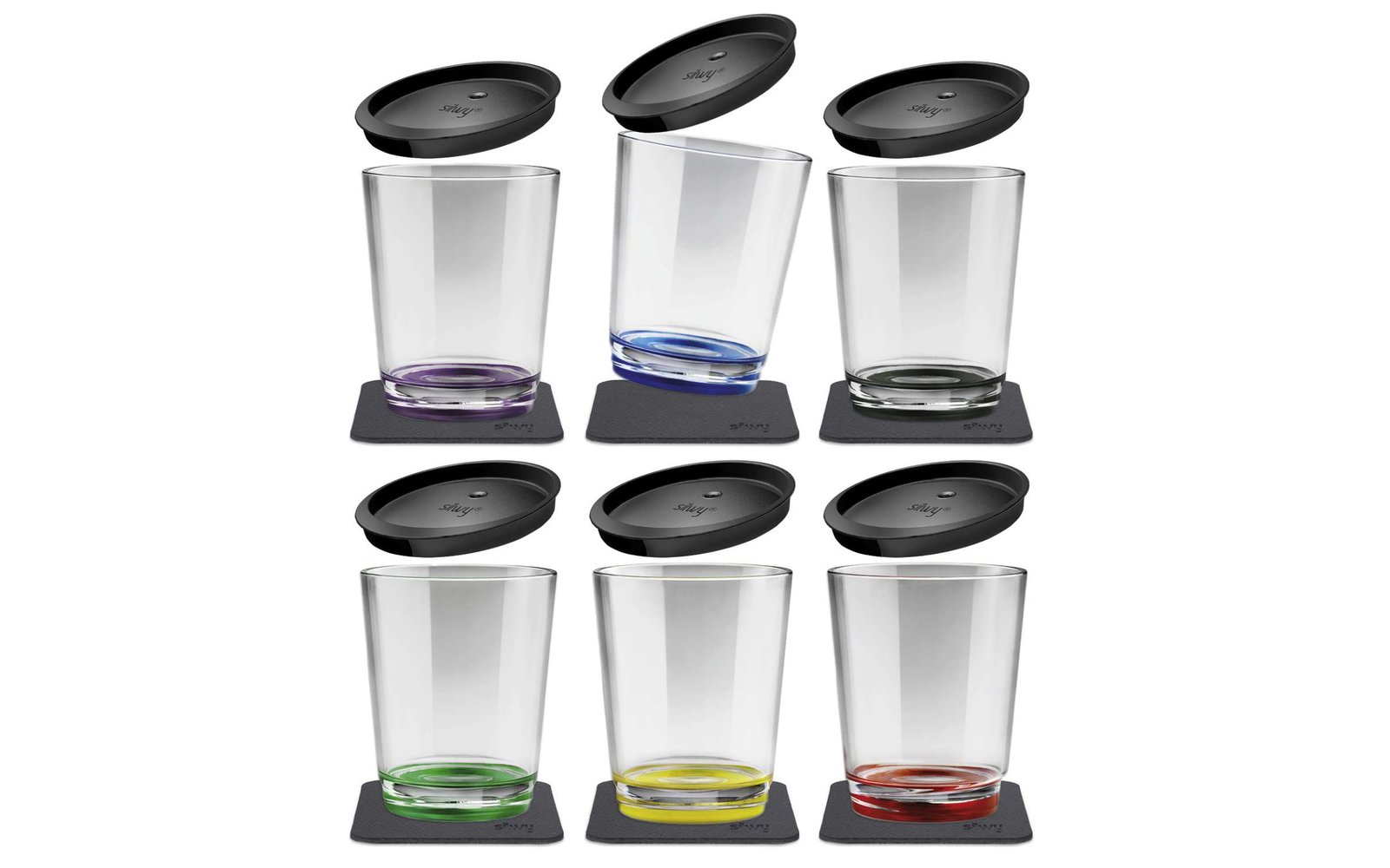 silwy® Magnet-Kunststoff Becher-Set inkl. Deckel und Metallischem Gel-Untersetzer 6 Stk. (250 ml)
