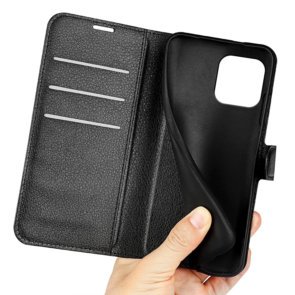 iPhone 15 Leder Tasche Flip Cover Litchi Look - Schwarz