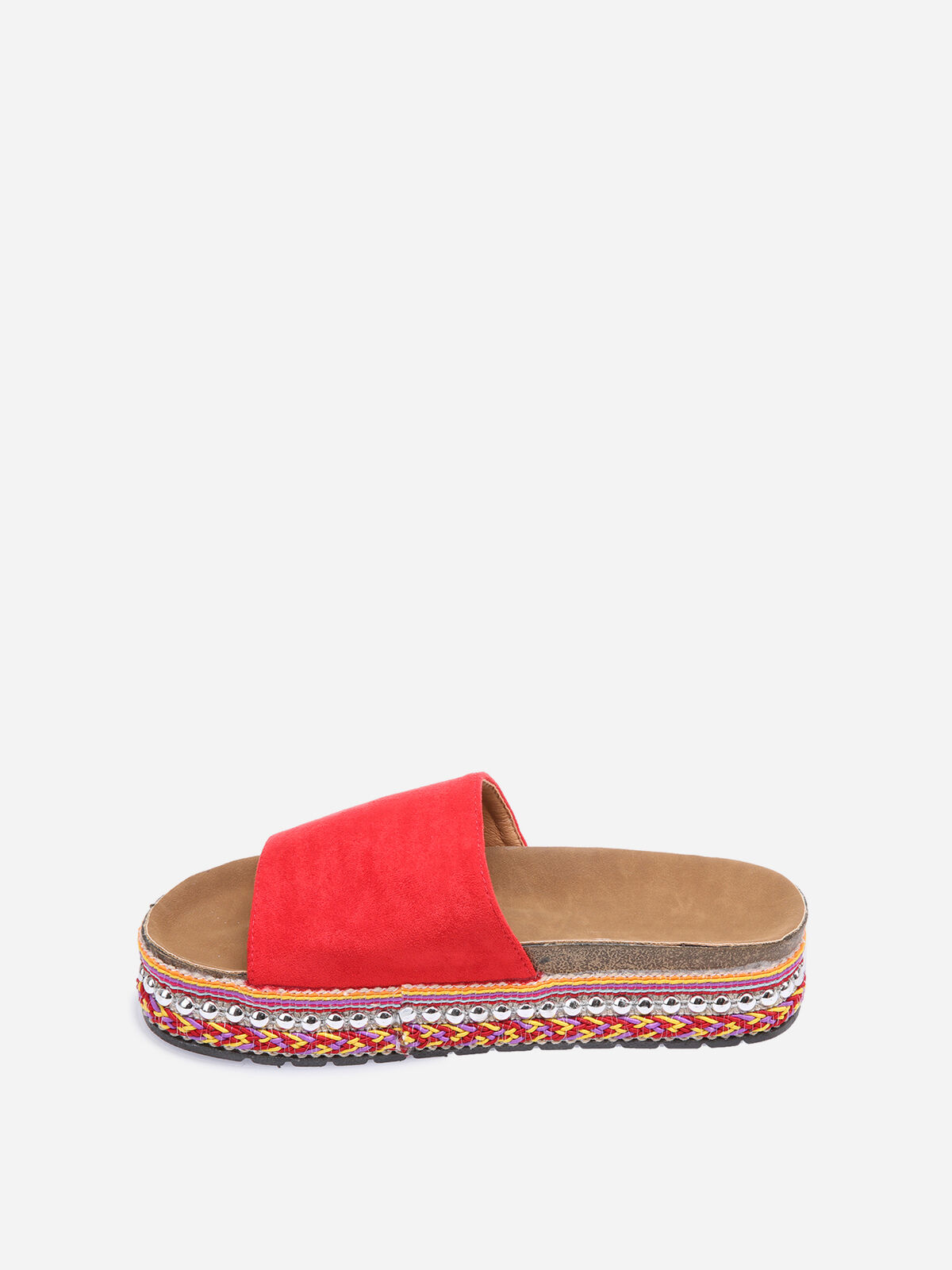 Mules à semelles cloutées et à motifs ethniques- Rouge
