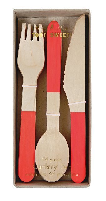 Partybesteck WOODEN CUTLERY 24er-Set aus Holz in natur/rot
