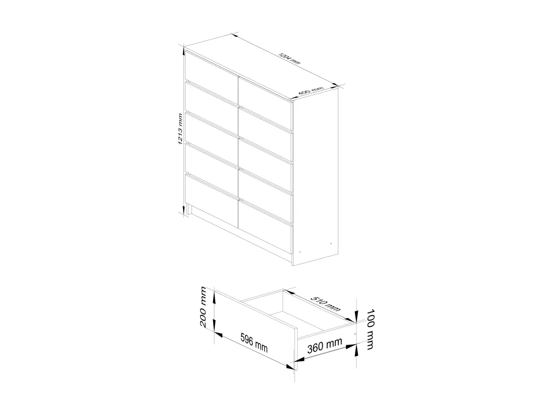 Commode AKORD K120 Chêne Sonoma 120 cm 10 tiroirs façade Blanche 120x40x121 cm
