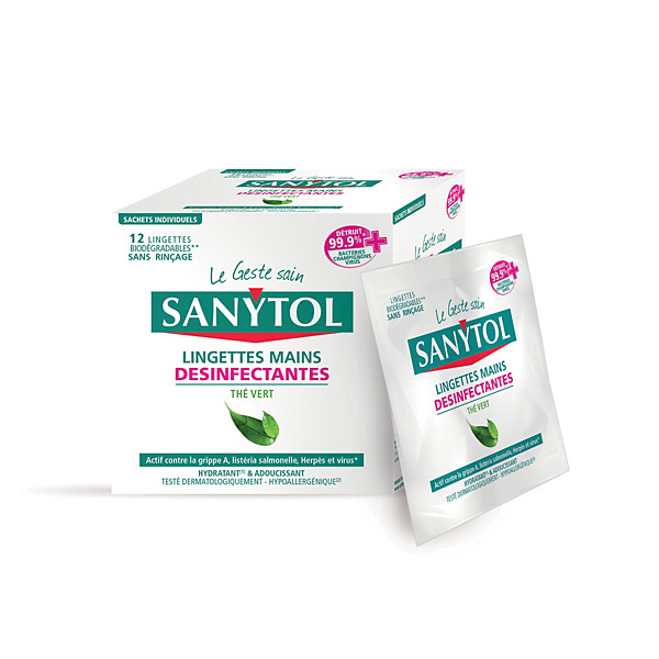 Lingettes individuelles désinfectantes mains Sanytol thé vert, étui de 12