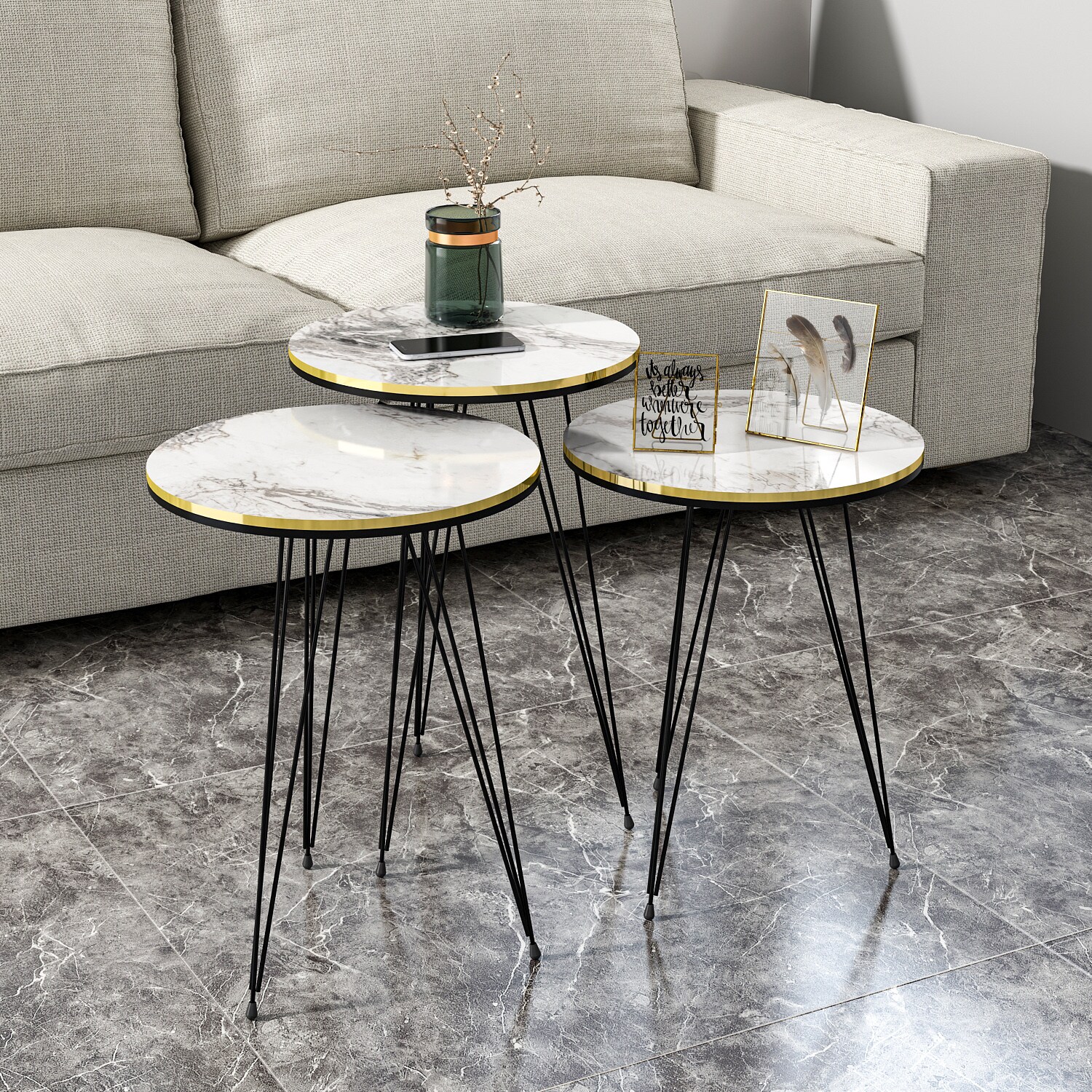 Beistelltisch 3er Set Marmoroptik Weiß 21236207