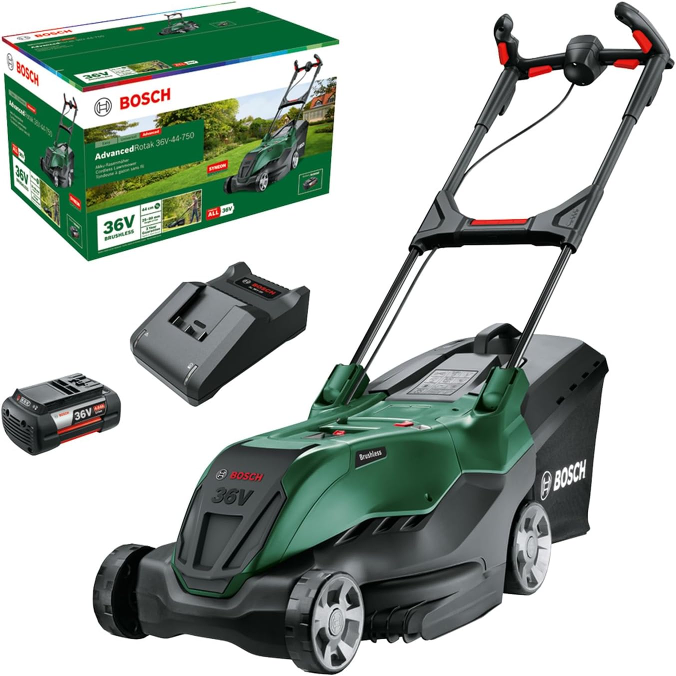 Bosch leistungsstarker Akku-Rasenmäher AdvancedRotak 36V-44-750 (zum Rasenmähen; 36-Volt-System; Schnittbreite: 44 cm; Set, mit 1x 4.0 Ah- Akku und Ladegerät)