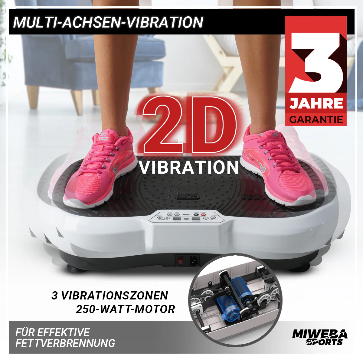 Miweba Sports Vibrationsplatte MV100, 2D-Vibration, Bluetooth, 99 Stufen, 10 Programme, 250 Watt (Schwarz)