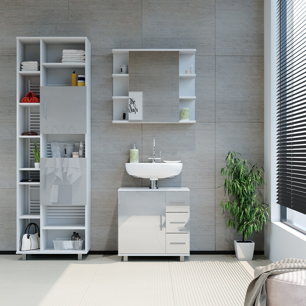 Vicco Hochschrank Badschrank Badezimmermöbel Ilias Weiß Hochglanz modern 60x190cm Badezimmer Schrank Badmöbel Badezimmerkommode Badkommode Schranktür Schrankfach Aufbewahrung Ablage