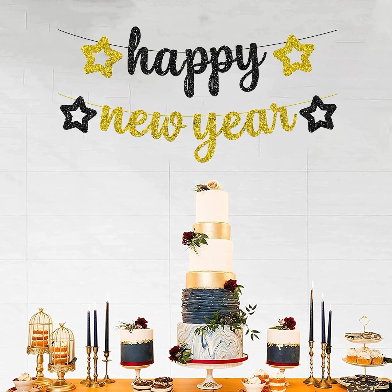 (30cm) Happy New Year Girlande Glitzer Party Dekoration Accessoire Banner - Gold / Schwarz