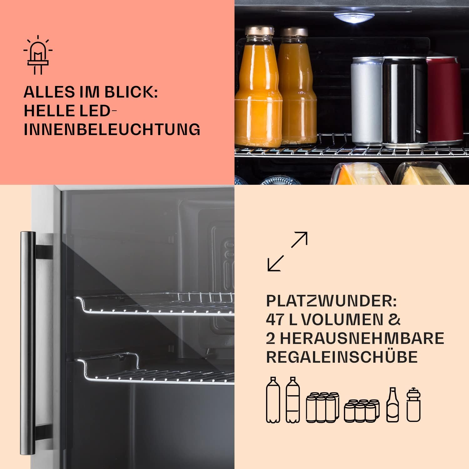 Klarstein Getränkekühlschrank, Kühlschrank Klein mit 2 Ablagen, Minikühlschrank Lautlos für Büro Camping Outdoor mit Glastür, Mini Fridge 3-10°C, Bierkühlschrank 47L, Silber/Schwarz