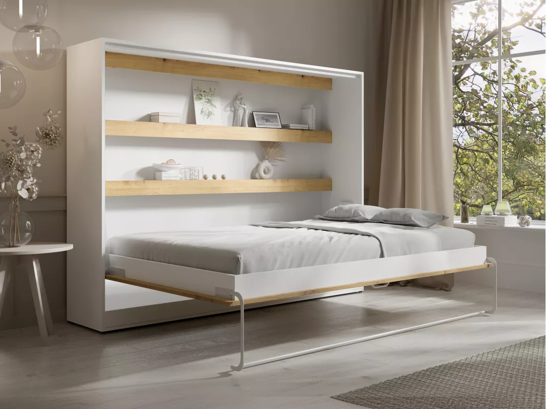 Lit escamotable 140 x 200 cm - Ouverture horizontale manuelle - Avec LEDs - Blanc et naturel + Matelas - RAPILI