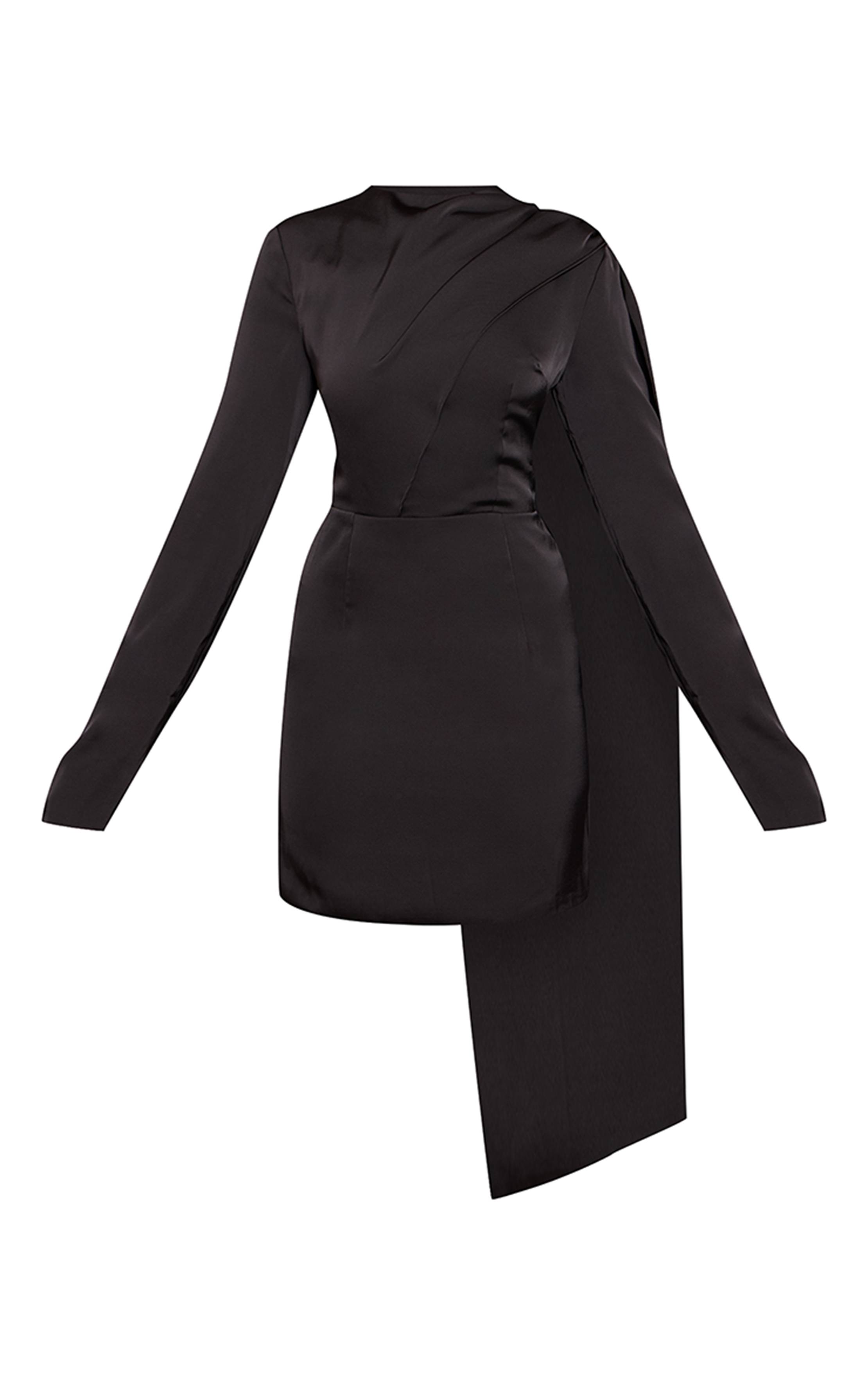 Noir Robe Courte Satinée À Manches Longues Avec Détail Foulard