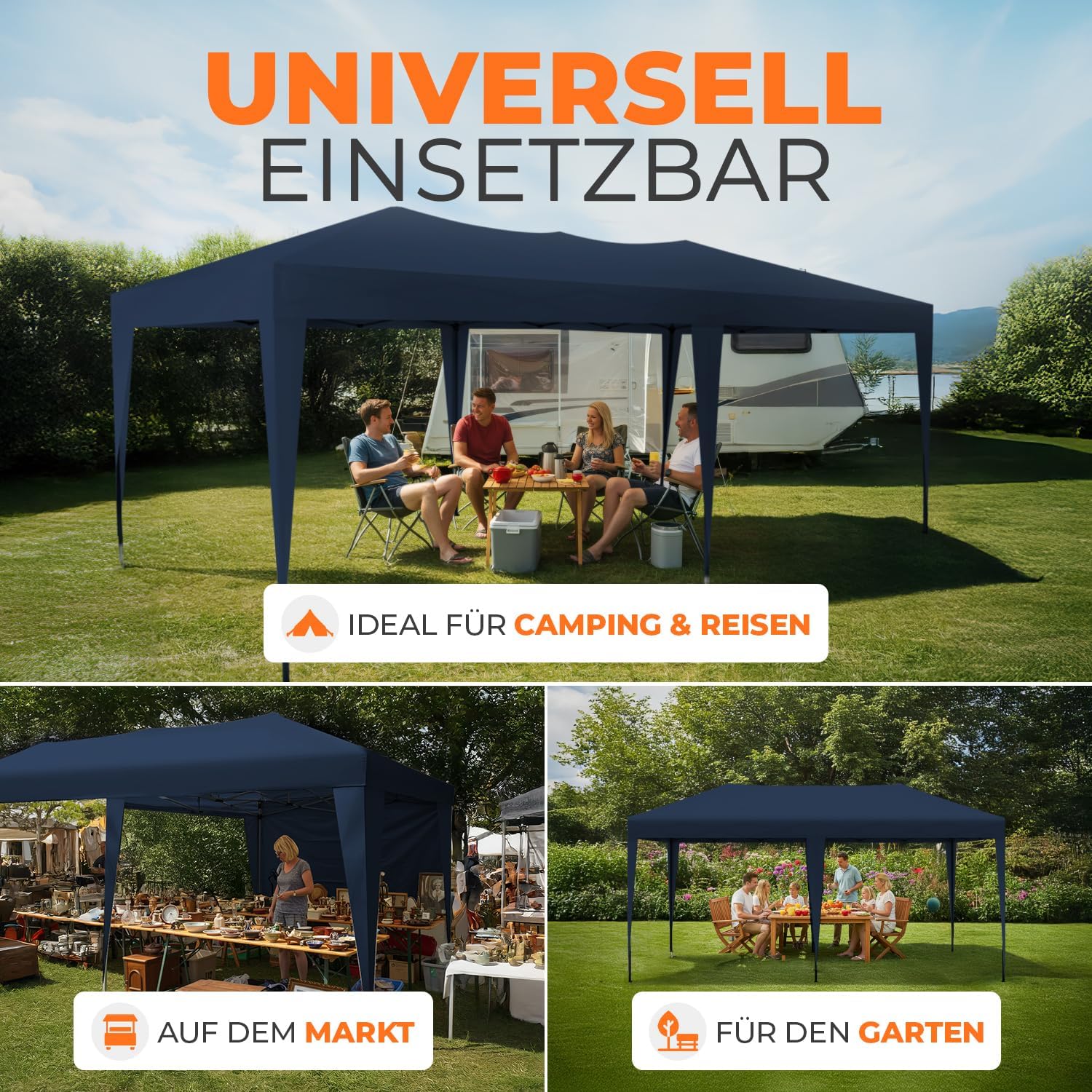 Kronenburg Faltpavillon wasserdicht Pavillon mit 6 Seitenteilen, Gartenzelt, 3x6 m - mit UV Schutz 50+, Blau
