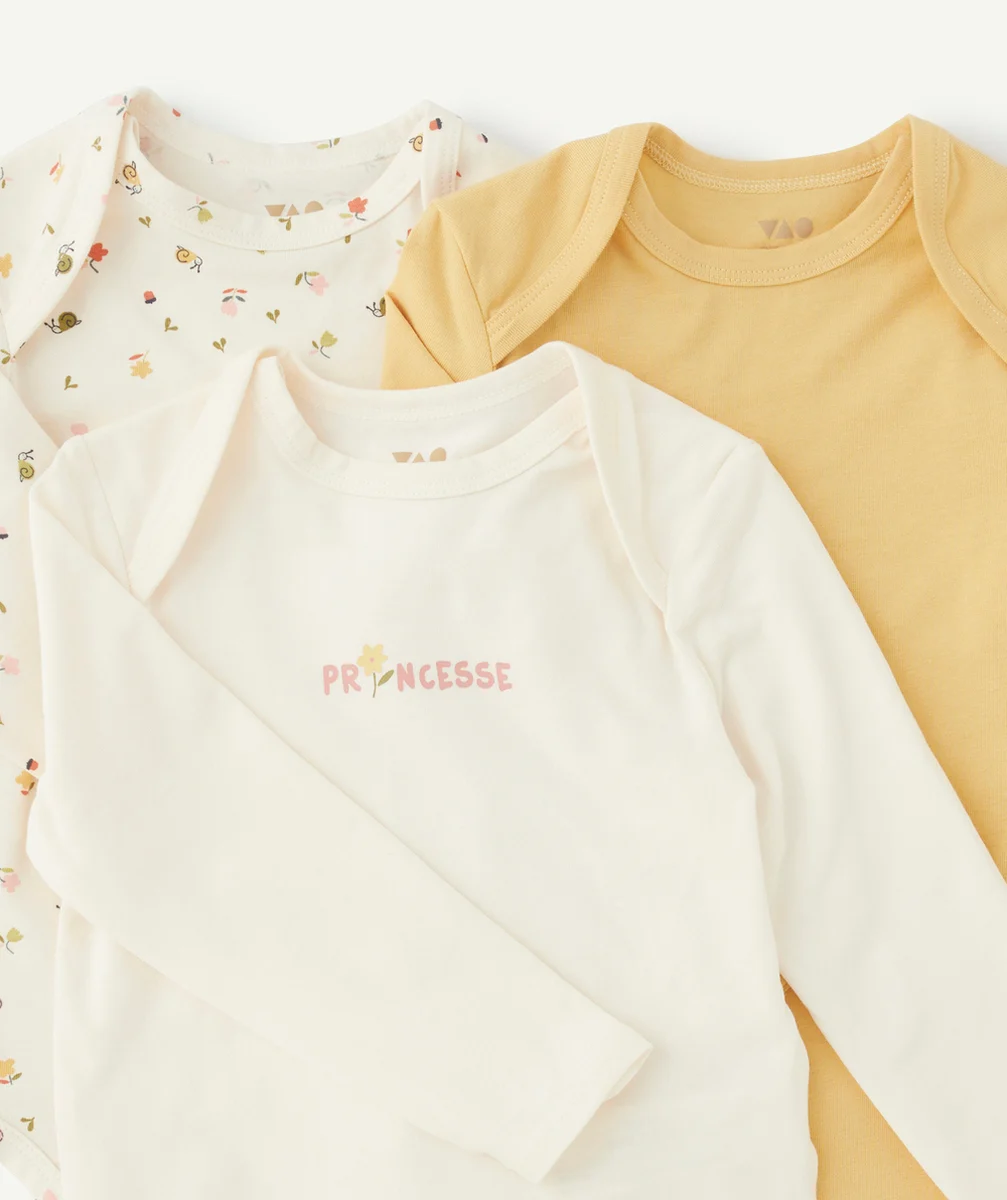 LOT DE 3 BODIES EN COTON BIO JAUNE ET BLANC AVEC FLEURS