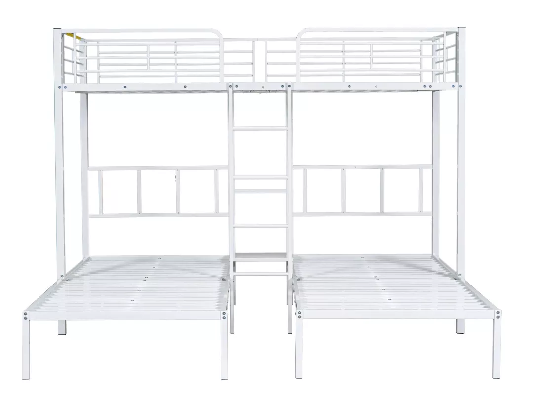 Lit superposé triple 3x90x200cm avec échelle et un plateau - cadre en métal - Blanc