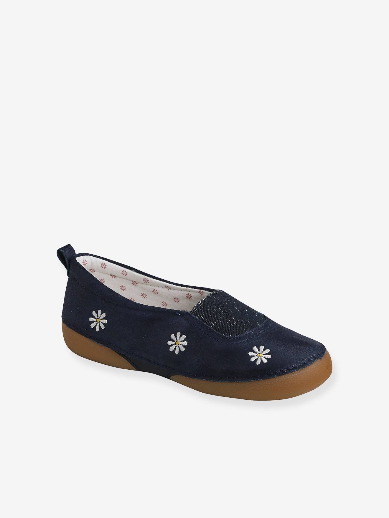 Pantufas de couro elásticas e flexíveis para meninas, lisas, azul-escuras.
