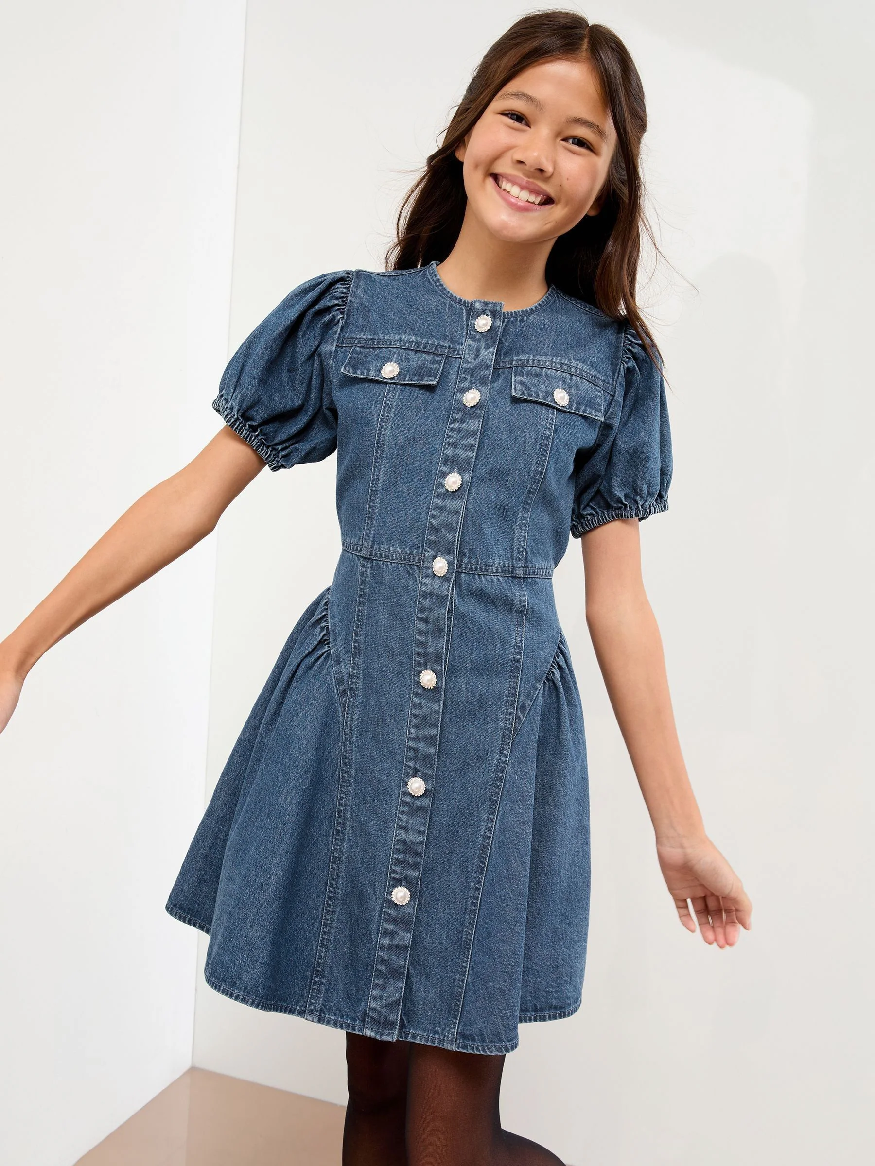 Lipsy Denim Puff Sleeve Diamonte Dress (5-16yrs)