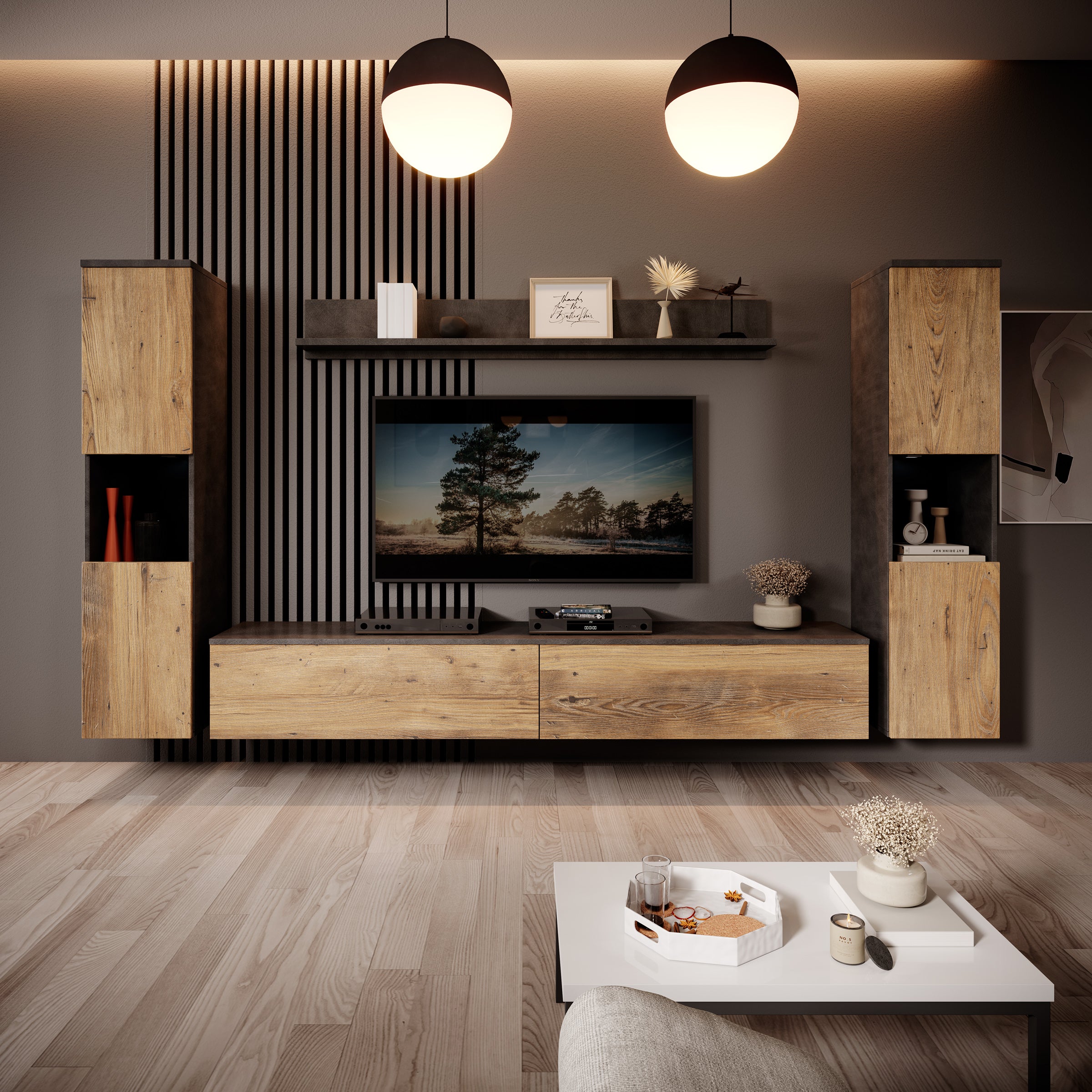 Pure XL - Wandmeubel - Eiken/Grijs - 180x33x130 cm