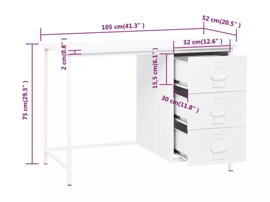 Bureau industriel avec tiroirs Blanc 105x52x75 cm Acier