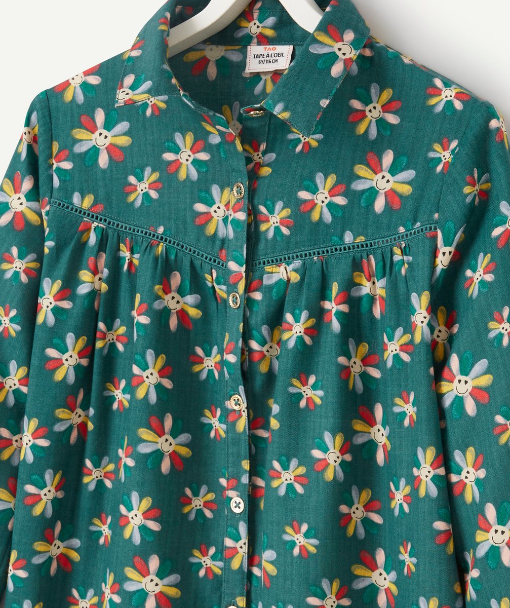CHEMISE FILLE VERTE EN COTON ET IMPRIMÉE AVEC FLEURS SOURIRES